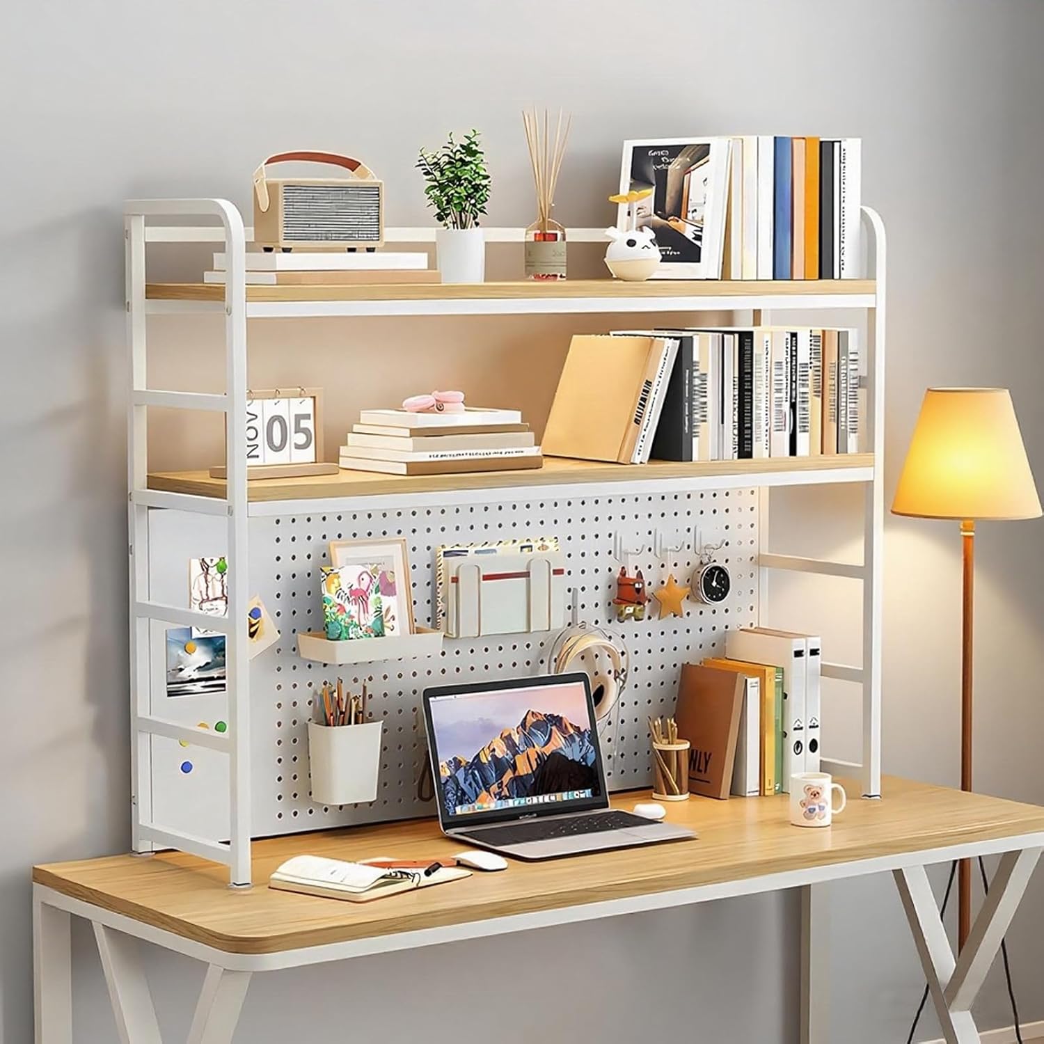2-Tier Desktop Bookshelf Hutch - Metal Desk Shelf Bookcase with Desk Pegboard Countertop Storage Organizer Rack for Dorm or Office (A, 70cm/27.5in)