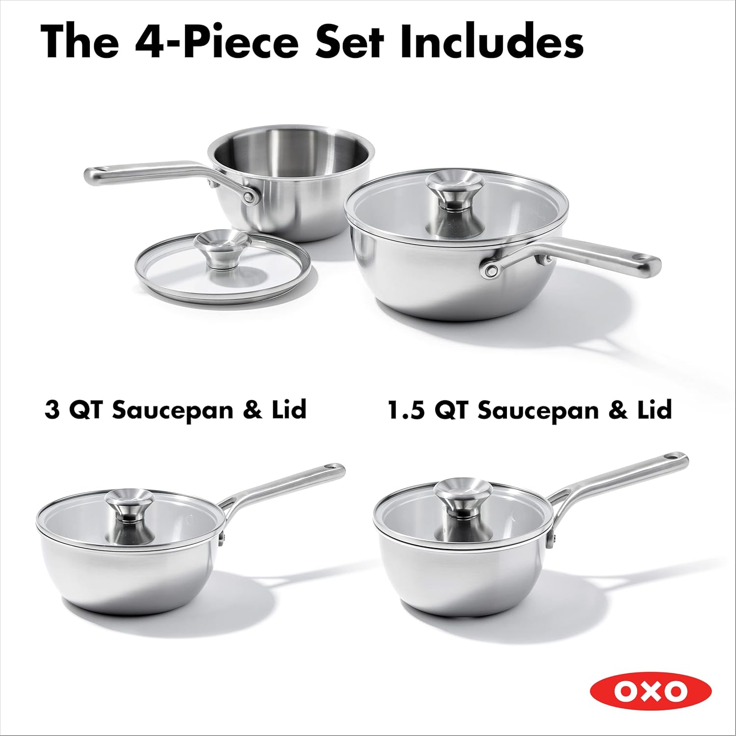 OXO Mira Tri-Ply Stainless Steel, 1.5QT and 3.57QT Chef's Pan Set with Lids, PFAS-Free, Multi Clad, Induction, Dishwasher Safe, Oven Safe, Silver
