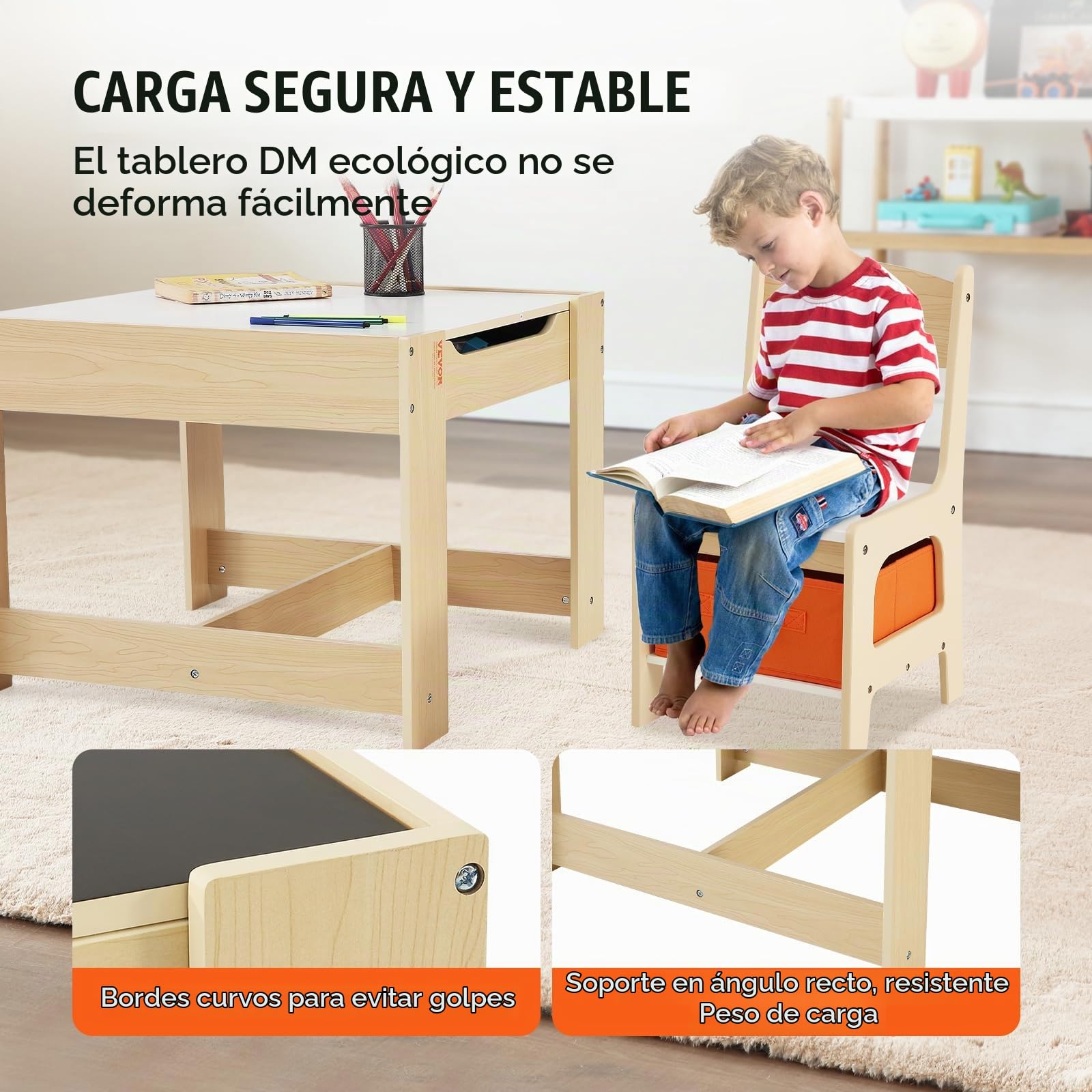 VEVOR 1 Mesa Infantil + 2 Sillas de 610x610x483 mm y 290x300x530 mm Conjunto de Muebles Infantiles con Caja de Almacenamiento Bandeja de Doble Cara para Estudiar Comer Jugar Leer Habitación Infantil