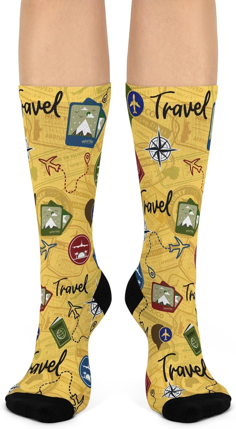 Travel Socks | Unisex, One Size, Mid-Calf, Crew | Stretchy, Comfortable | Passport Airplane Fly