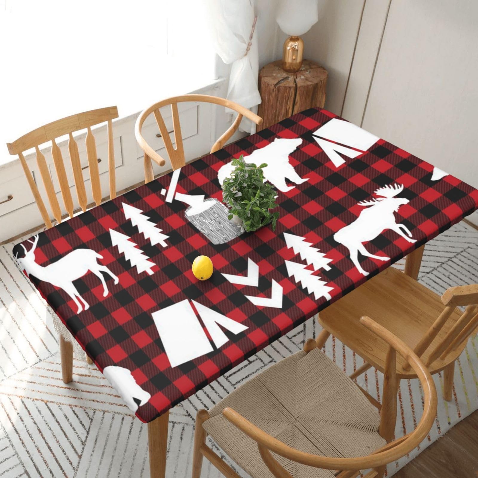 DCEHGEW Elastic Fitted Rectangle Tablecloth for 5ft Tables, Cow deer tree christmas Printed Oilproof & Washable Fabric Picnic Table Cloth Table Covers