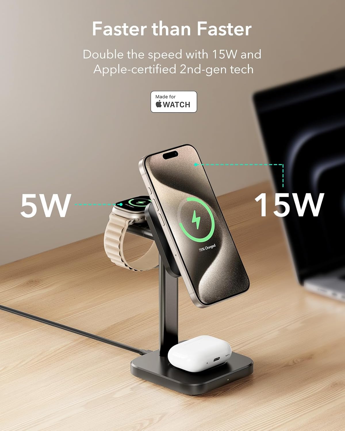ESR for 3 in 1 Wireless Charging Station, Certified Apple Watch Charger, 15W MagSafe Charger Stand for iPhone, Wireless Charger for Multiple Devices iPhone 17/16/15/14/13, Watch, AirPods, Black - Image 2