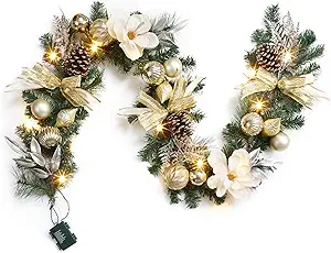 6FT Pre-Lit Christmas Garland, Xmas Garland with 20 Led Lights & Timer for Mantle Staircase Table, Winter Garland with Ribbon, Xmas Balls, Snowflake, Battery Operated, Gold