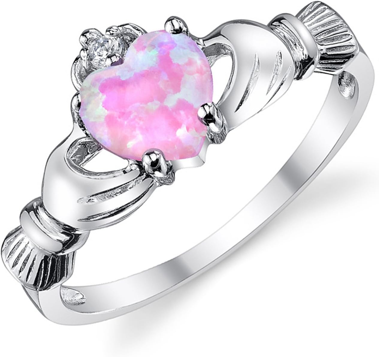 Sterling Silver 925 Irish Claddagh Friendship & Love Ring with Pink Simulated Opal Heart 7