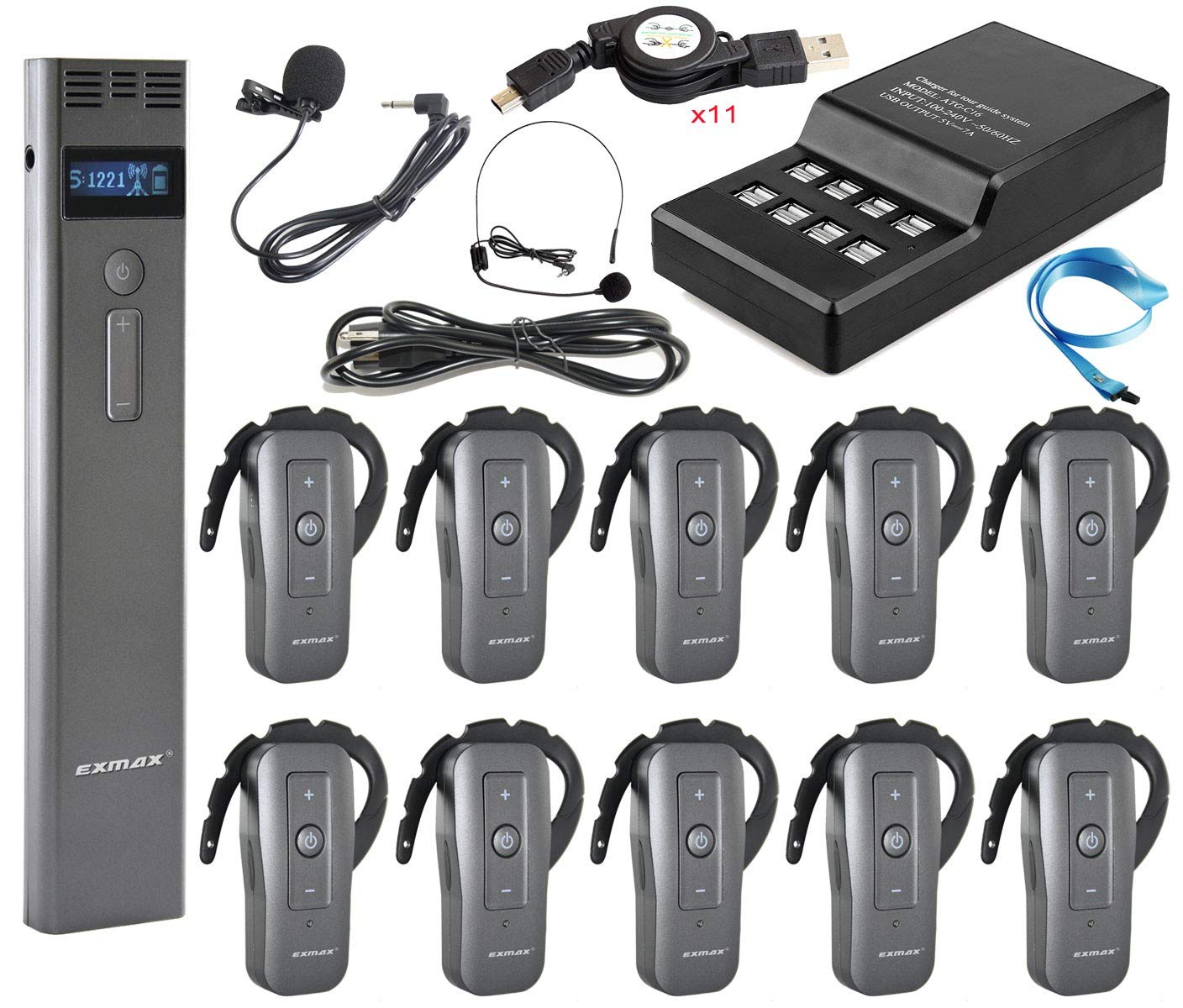 EXMAXEXD-6688 2.4GHZ Professional Wireless Handheld Tour Guide System Church Translation Equipment with 9999 Channels for Travel Presentations(1 Transmitter & 10 Receivers with 16-port Charge Base)