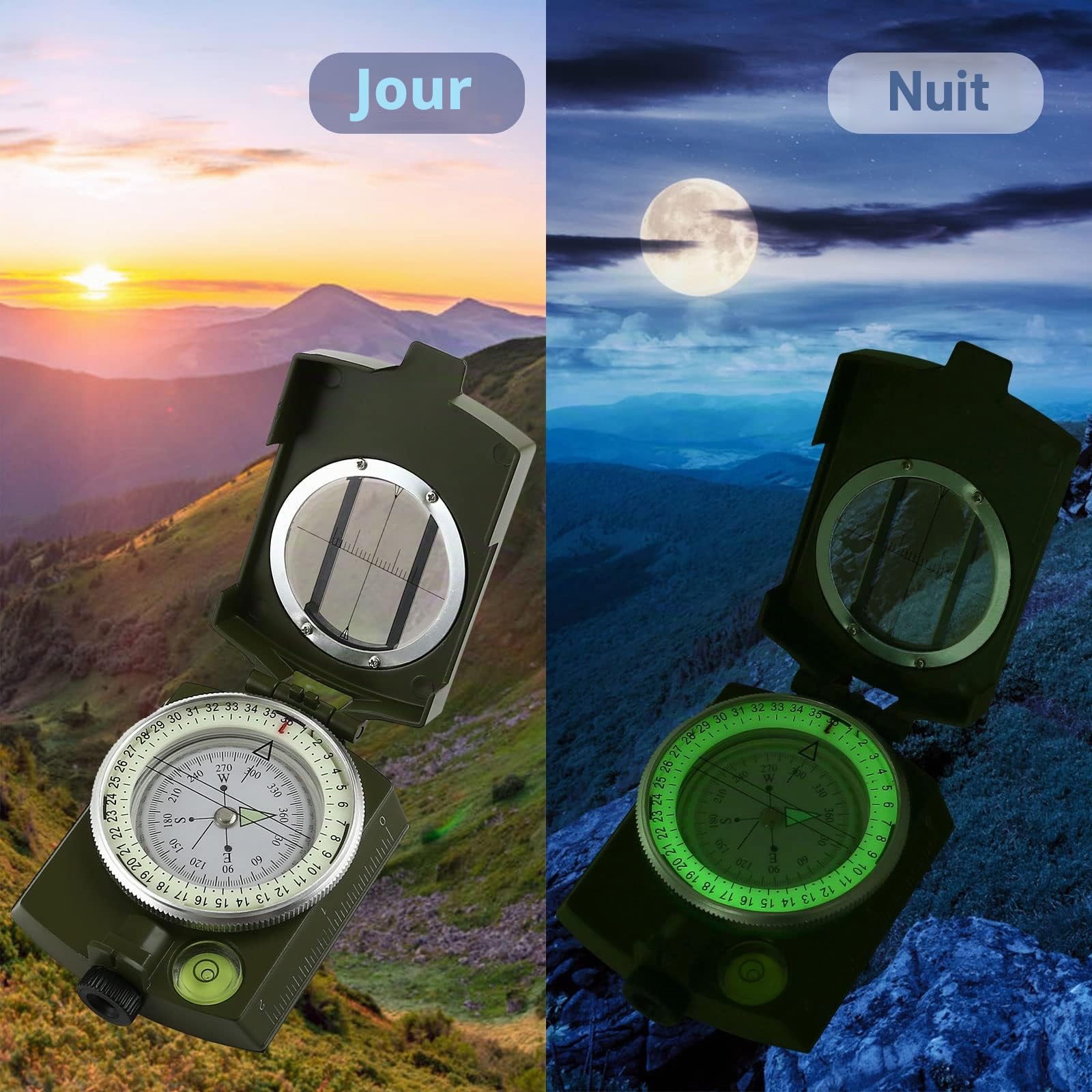 GWHOLE Boussole Multifonctionnelle Professionnelle Orientation Militaire Portable en Métal pour Randonnée Camping Voyage Exploration- Vert Armée