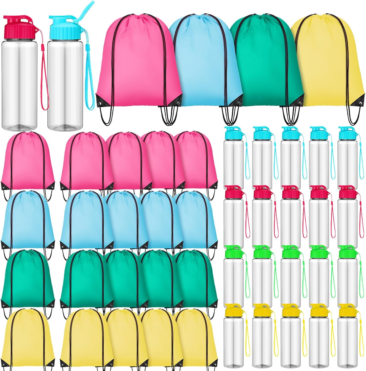 Skybooly 40 Pcs 17 oz Plastic Water Bottles Bulk and Drawstring Backpack Set Reusable Flip Top Leakproof Water Bottles with Handle for Adults Sports Gym Travel Party Outdoor(Stylish)