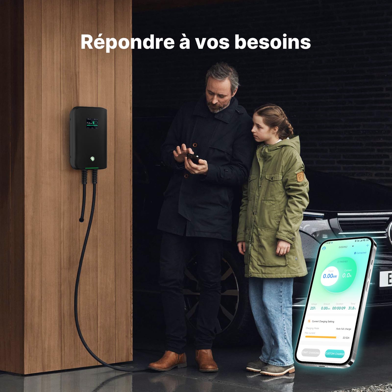 Borne de Recharge véhicule électrique Wallbox 7KW avec app et câble TPU 6 m | Wallbox 7 kW monophasé, Type 2, IP65, 6‑32A, 230V, app WiFi/Bluetooth, RCD Type A 30mA + DC 6mA, Certifié TÜV et CE.