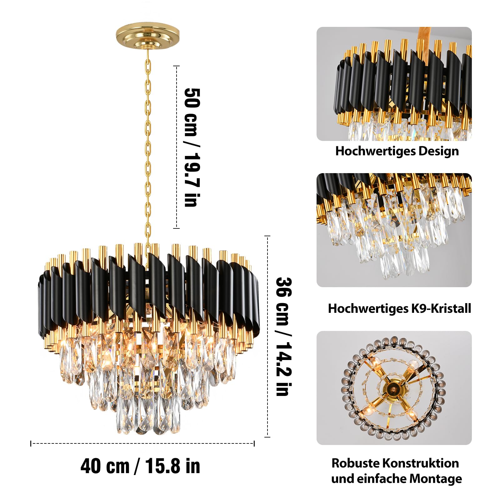 Lámpara de Araña de Cristal Moderna, Negro y Dorado Ronda de cristal colgante de iluminación, 3-Tier Raindrop Chandelier Light Fixture para la sala de estar, comedor, dormitorio, E14 x 5, D40cm