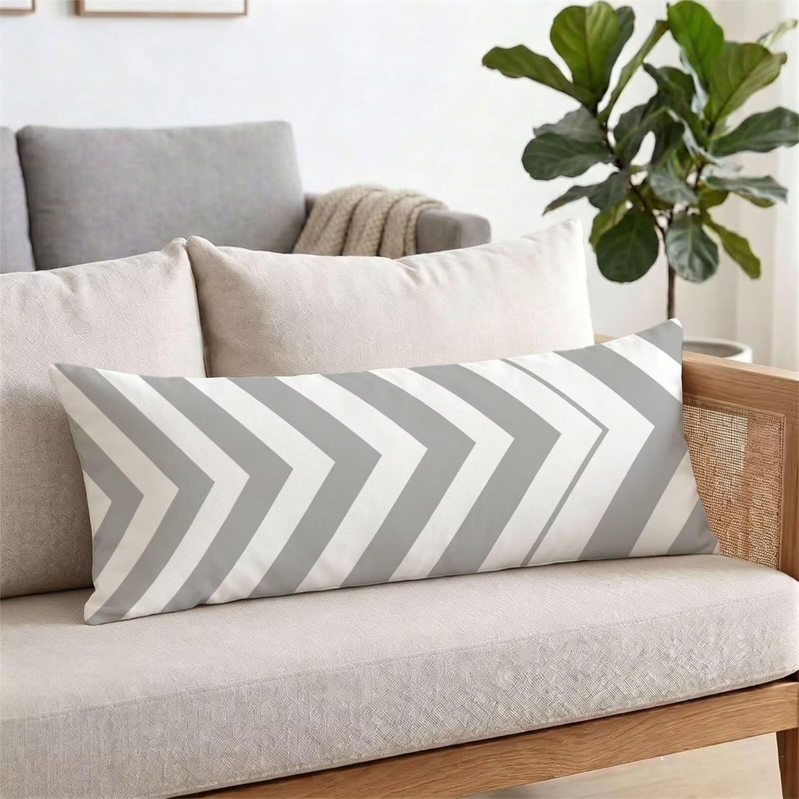 Funda de Almohada 60 x 180 cm Gris Protector Almohada 180 cm con Cremallera Invisible, Lino Durable y Transpirable Pillow Case Largas Raya Impresión a Doble Cara para Cama, Sofá y Dormitorio dg-636