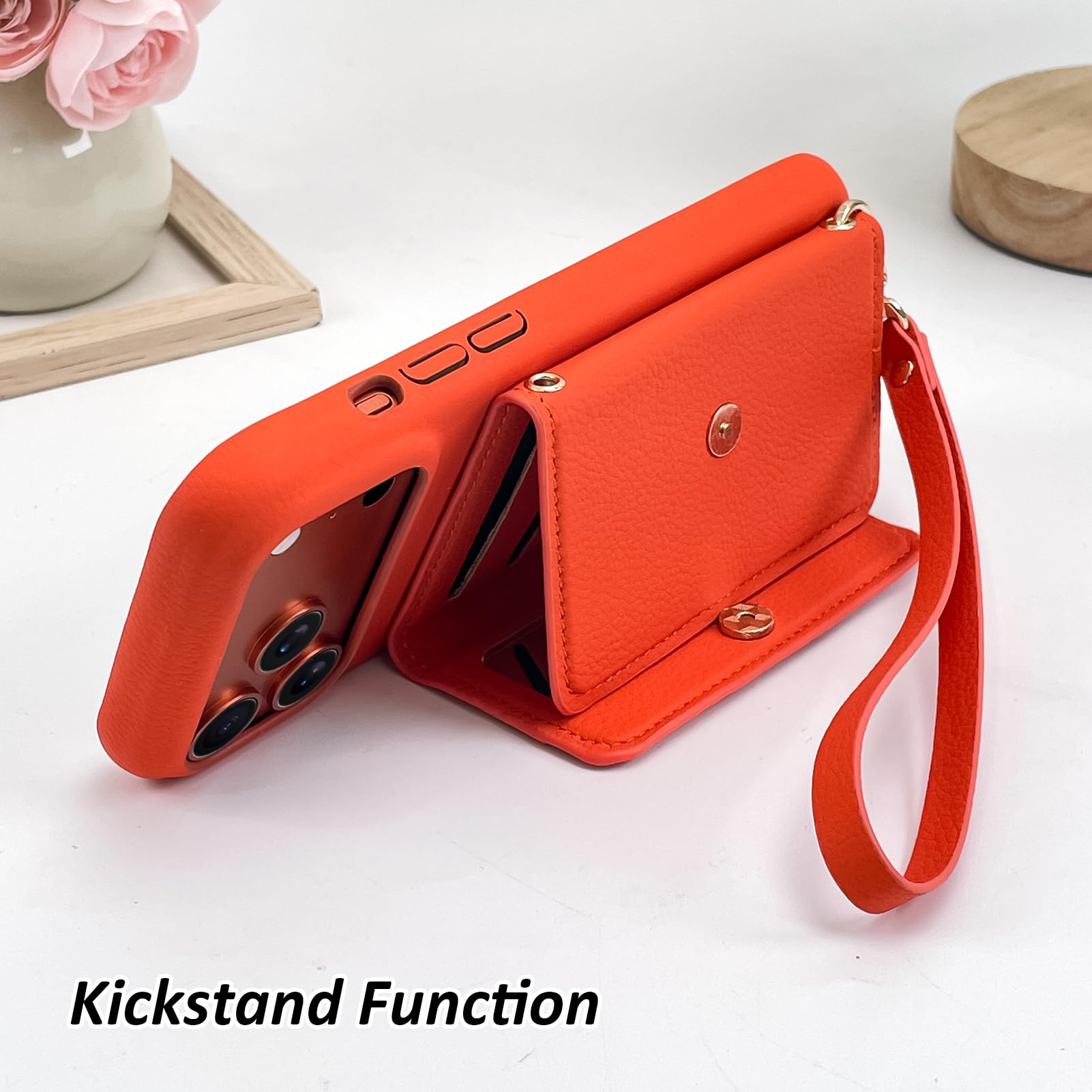 OOK Custodia a portafoglio per iPhone 17 Pro Max con porta carte di credito | Design multifunzionale con slot per schede, cinturino da polso, specchio nascosto, custodia protettiva sottile in pelle TPU