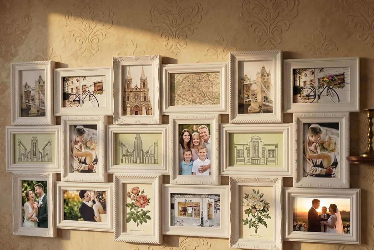 Deenz Ivory Colour X Large 18 Photos Multi Picture Wall Frame 6X4 Photo Multi Photo Frame 18-Aperture Wall Hanging Memories Decoration