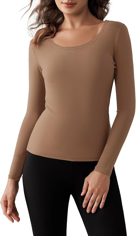 Bonneuitbebe Women Long Sleeve Thermal Shirts Soft Fleece Lined Undershirt | Scoop Neck, 4 Way Stretch, Double-Sided Fleece, Ultra Soft Base Layer Tops, Lightweight Underwear Tops for Cold Weather