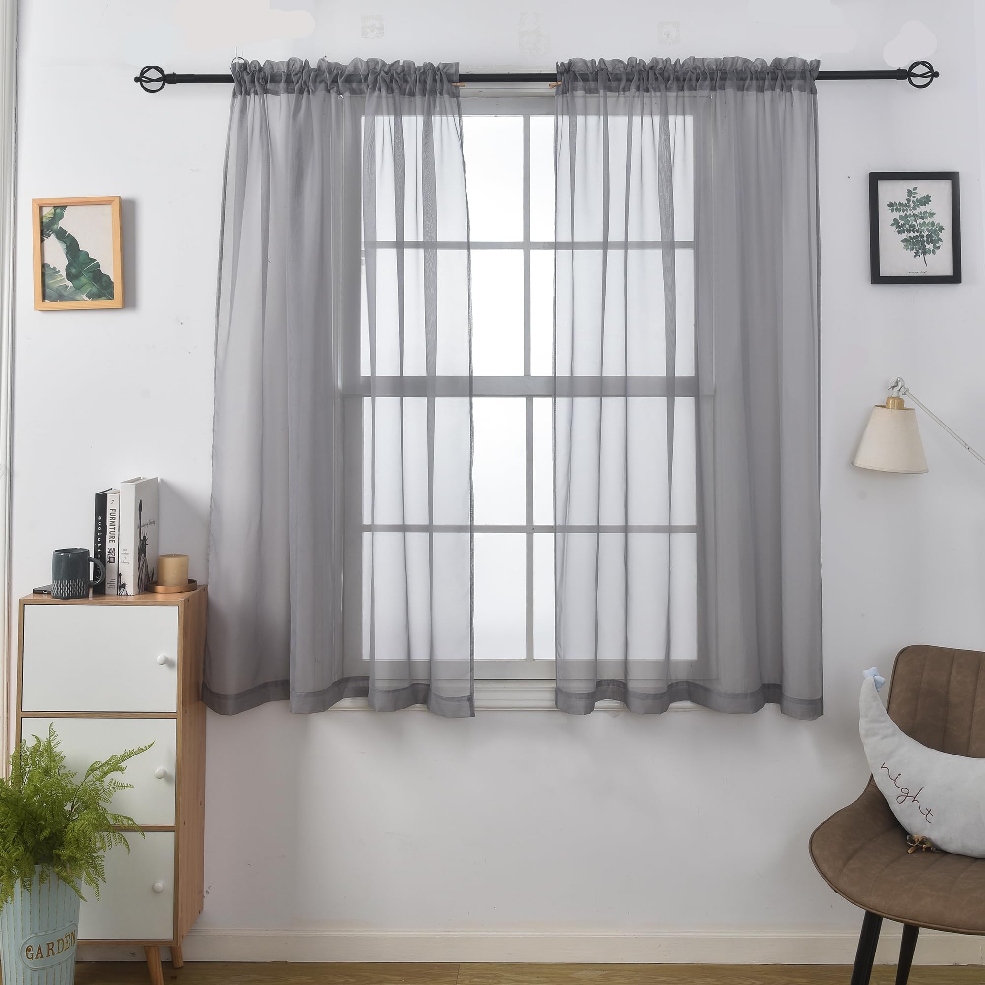 Aquazolax Small Grey Curtains for Bedroom Pair of 54x63 inch Net Door Window Coverings Sheer Window Panel Drapes for Privacy with Tieback 137x160cm
