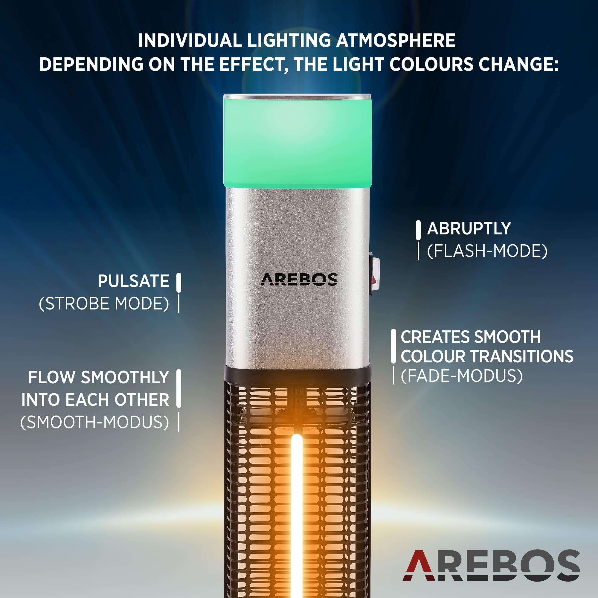 Arebos Grzejnik ciepła do wnętrz i na zewnątrz 1500 W | Grzejnik na podczerwień | węglowy element grzejny | 16 kolorów światła LED, przełącznik dźwigniowy, pilot zdalnego sterowania