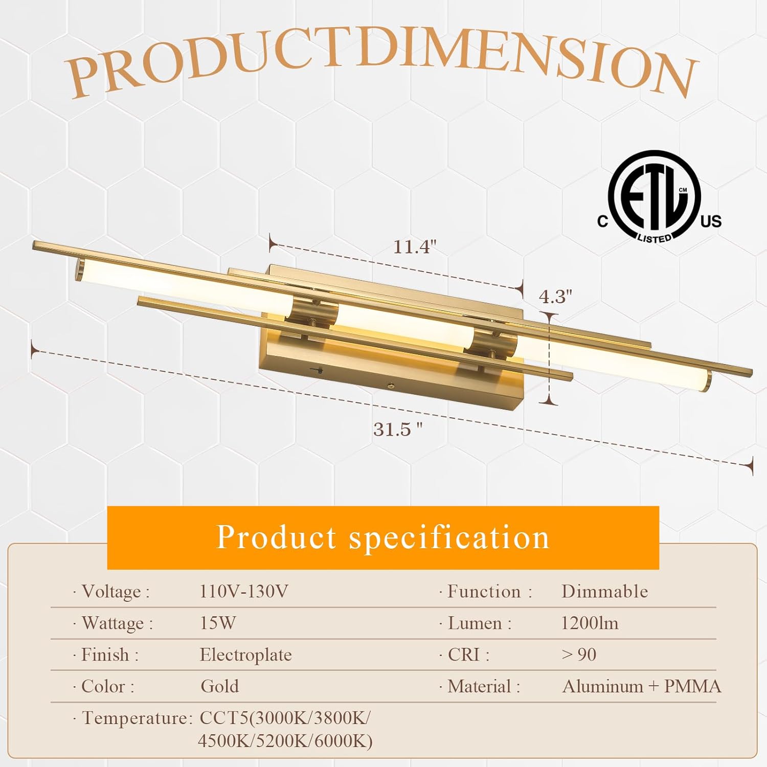 Gold LED Vanity Light 31IN Modern LED Bar Wall Light Over Vanity Mirror Hardwired Picture Light Dimmable Bathroom Wall Mount Lighting 5CCT(3000K/3800K/4500K/5200K/6000K)