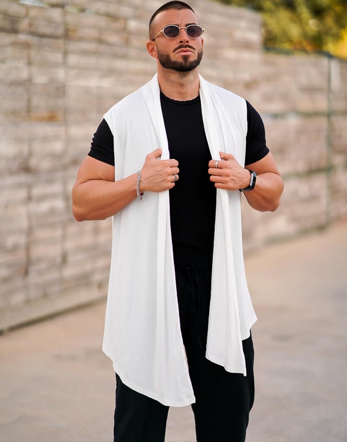 COOFANDY Men's Ruffle Shawl Collar Cardigan Sleeveless Open Front Sleeveless Kimono Vest - Image 3