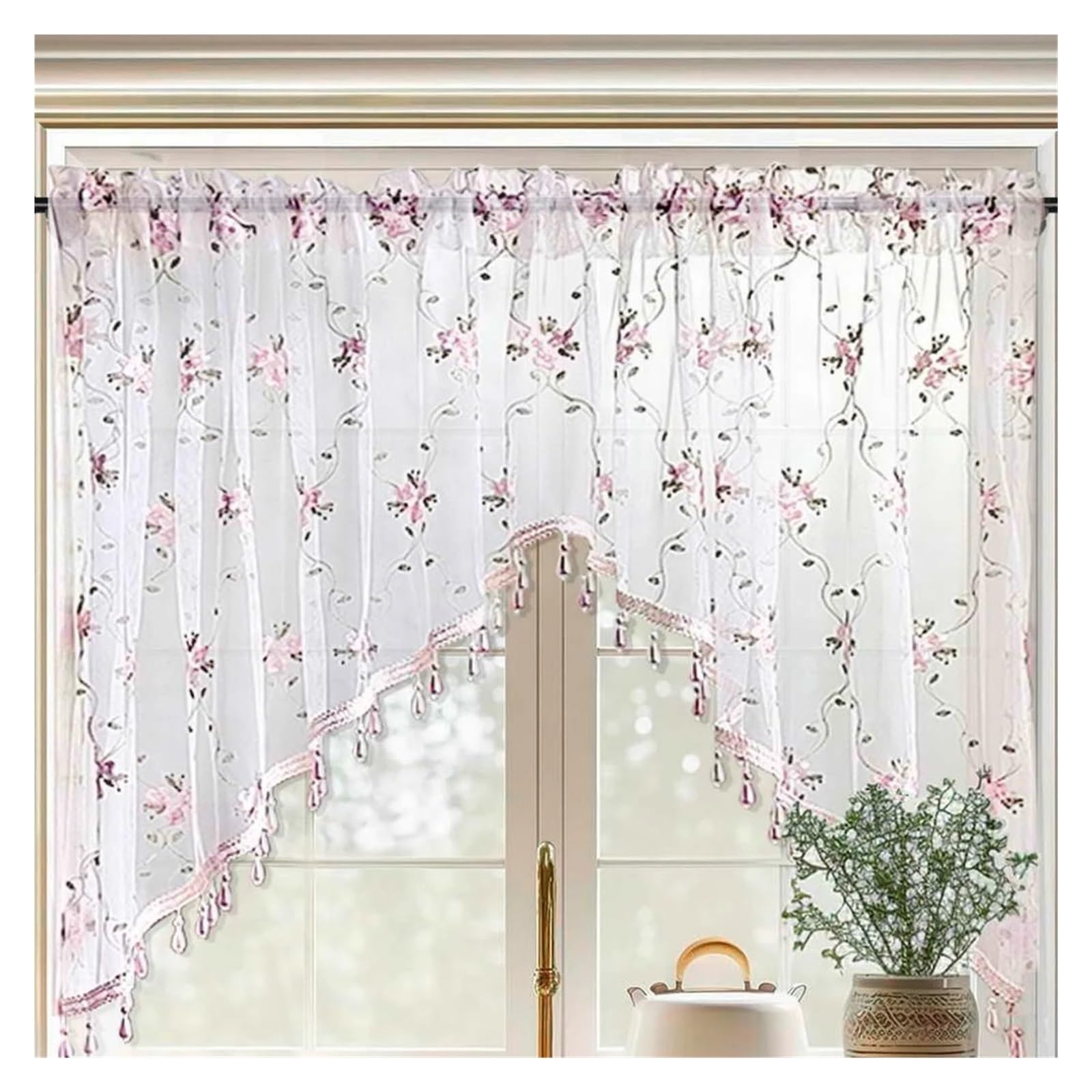 SparklWLeaf Beaded Triangle Curtain Country Embroidery Flower Lace Curtain for Kitchen Window Beaded Vintage Voile Farmhouse Triangle Small(ROD POCKET_1PC W150 X H80 CM)