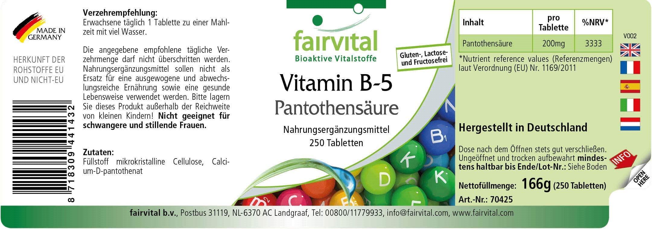 fairvital Vitamin B5, 250 Tabletten, schluckfreundlich, hochdosierte 200mg Pantothensäure, VEGAN, Made in Germany (Packung mit 2)