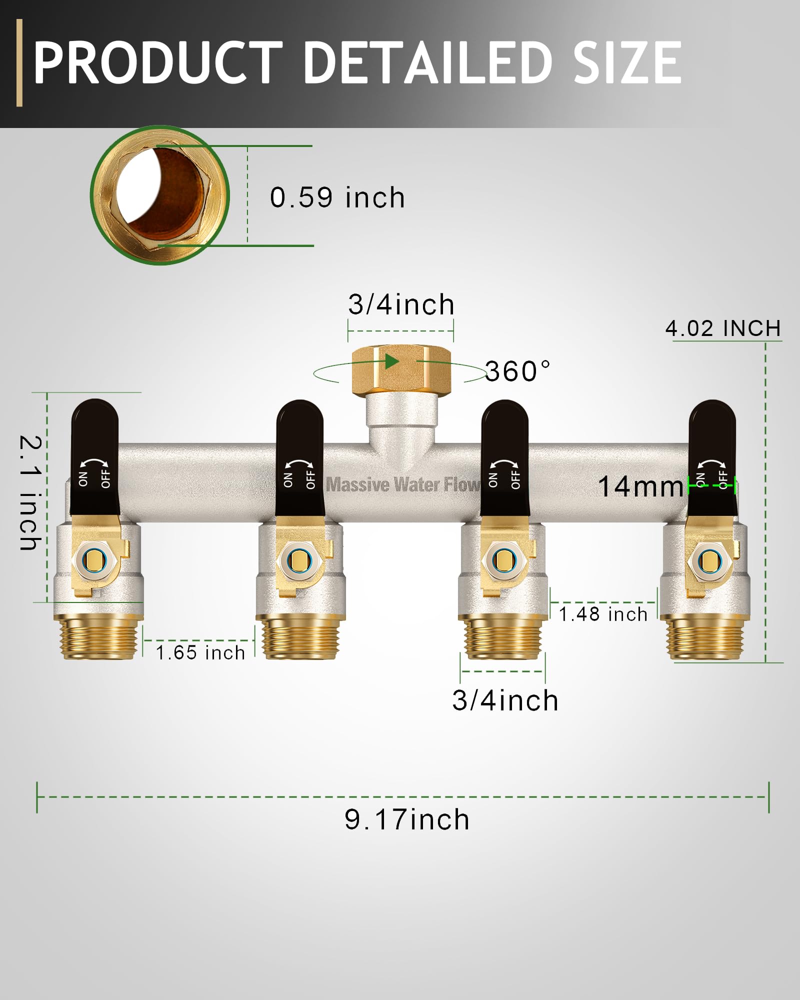 Distribuidor de 4 vías, distribuidor de agua de 4 vías, distribuidor de agua de 4 vías, distribuidor de agua de 3/4 pulgadas, niquelado macizo de gran flujo de jardín, mango de metal extendido (negro)