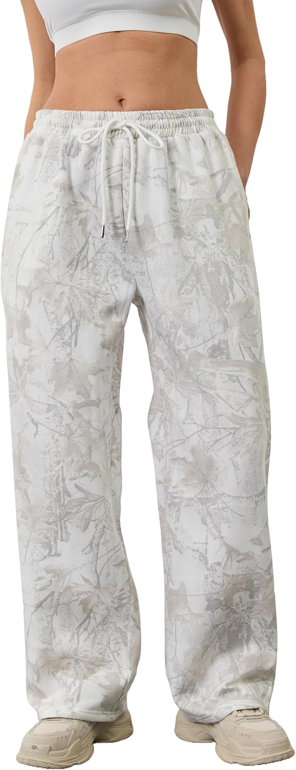 Camo Pants for Women Drawstring Wide Leg Cargo Pants Baggy High Waisted Sweatpants Fleece Y2k Camouflage Jogger Pants