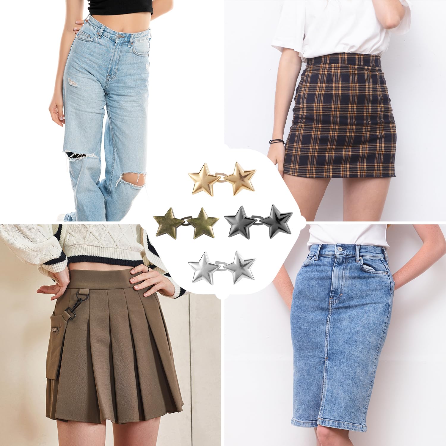 4 paia di fermagli per jeans a forma di stella, bottoni regolabili
