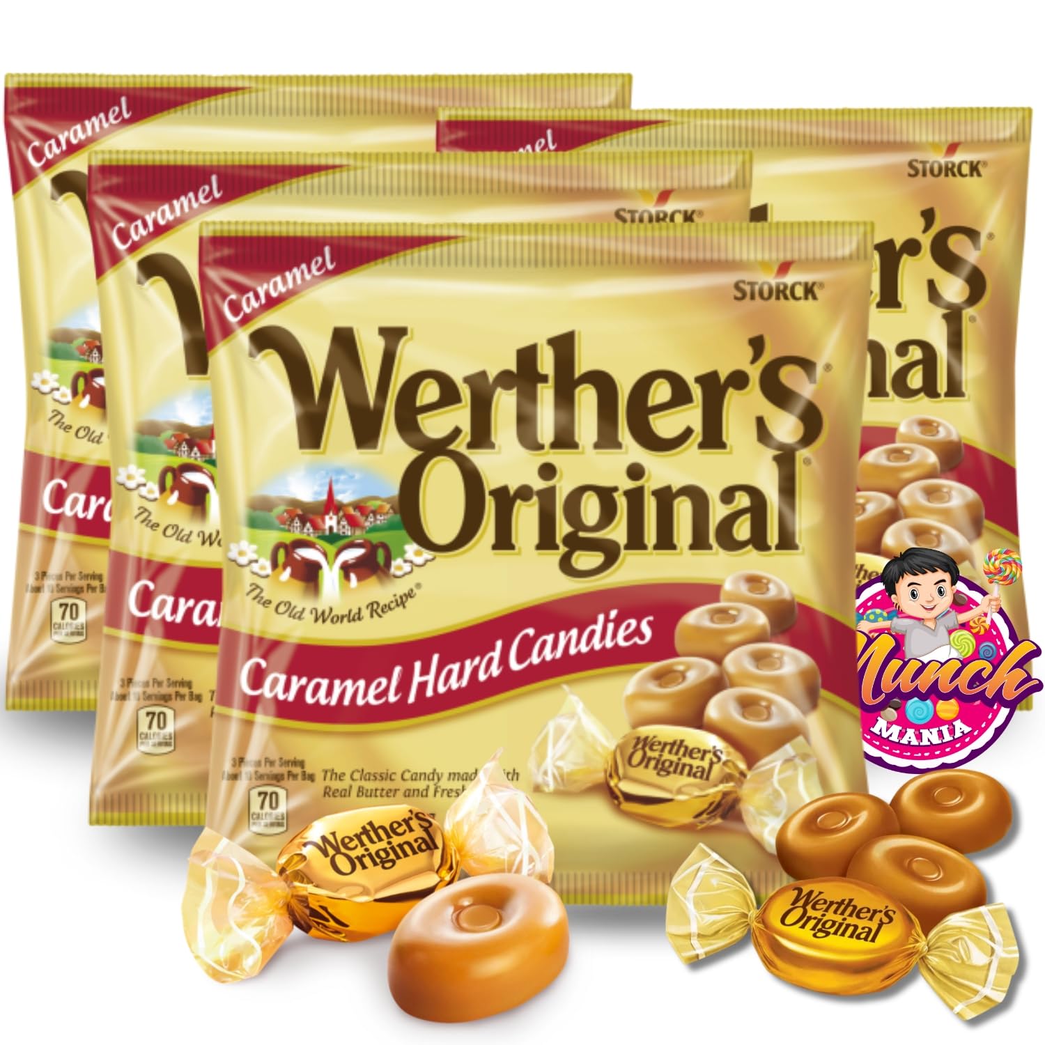 Werther's Original Caramel Hard Candy, Pack of 4 (2.65oz) - Hard Candy Individually Wrapped, Carmels Candy, Gourmet Caramels - Bundled with Munch Mania Accessory (Caramel)