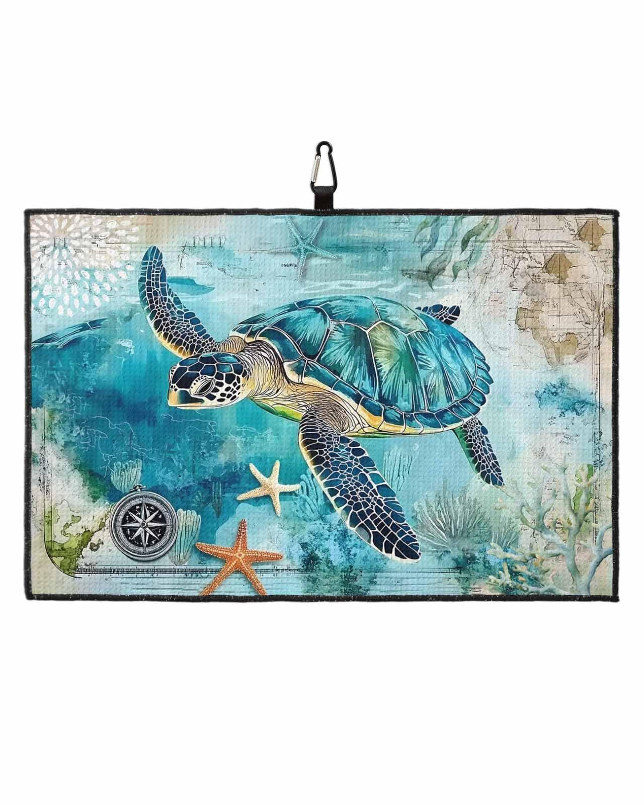Savannan Golf Towels, Teal Blue Sea Turtle Summer Ocean Microfiber Waffle Absorbent Golf Accessories with Handy Clip for Women Men 24