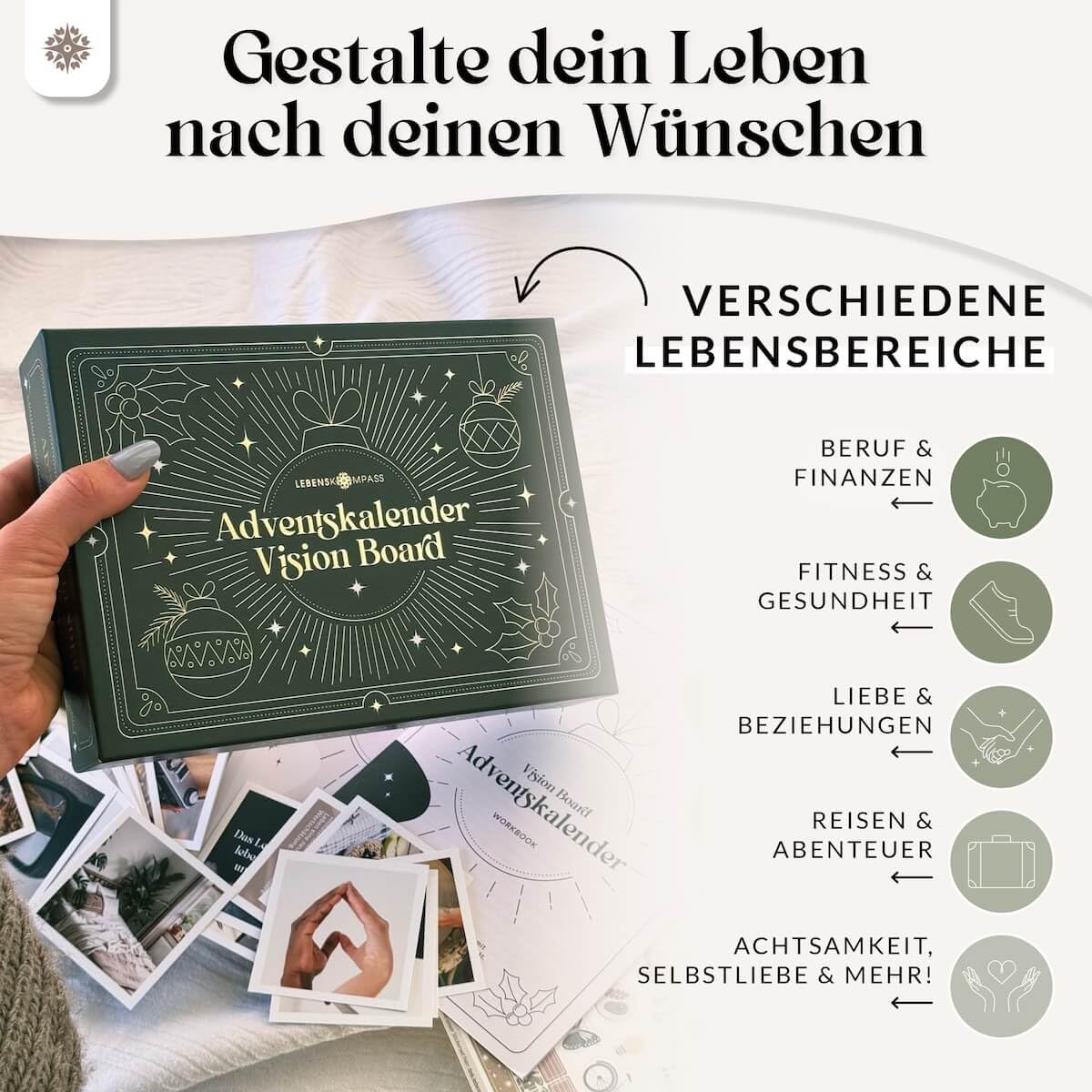 Lebenskompass® Adventskalender Jahresunabhängig Vision Board - Erreiche Deine Ziele - Achtsames Workbook mit wertvollen Aufgaben - Geschenk für die Adventszeit mit Bildern, Sprüchen und Stickern