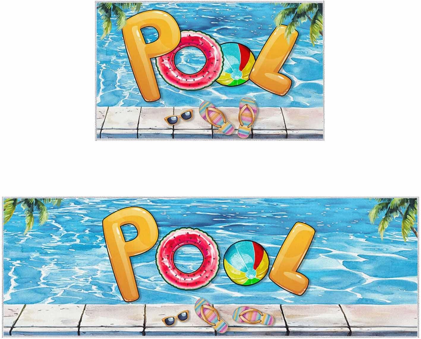 Kitchen Rugs and Mats Set,Summer Vacation Swimming Pool 2 Pieces Non Slip Cushioned Rug Floor Mat Sunglasses Slippers Palm Tree Absorbent Area Runner Comfort Standing Mats for Sink Bathroom
