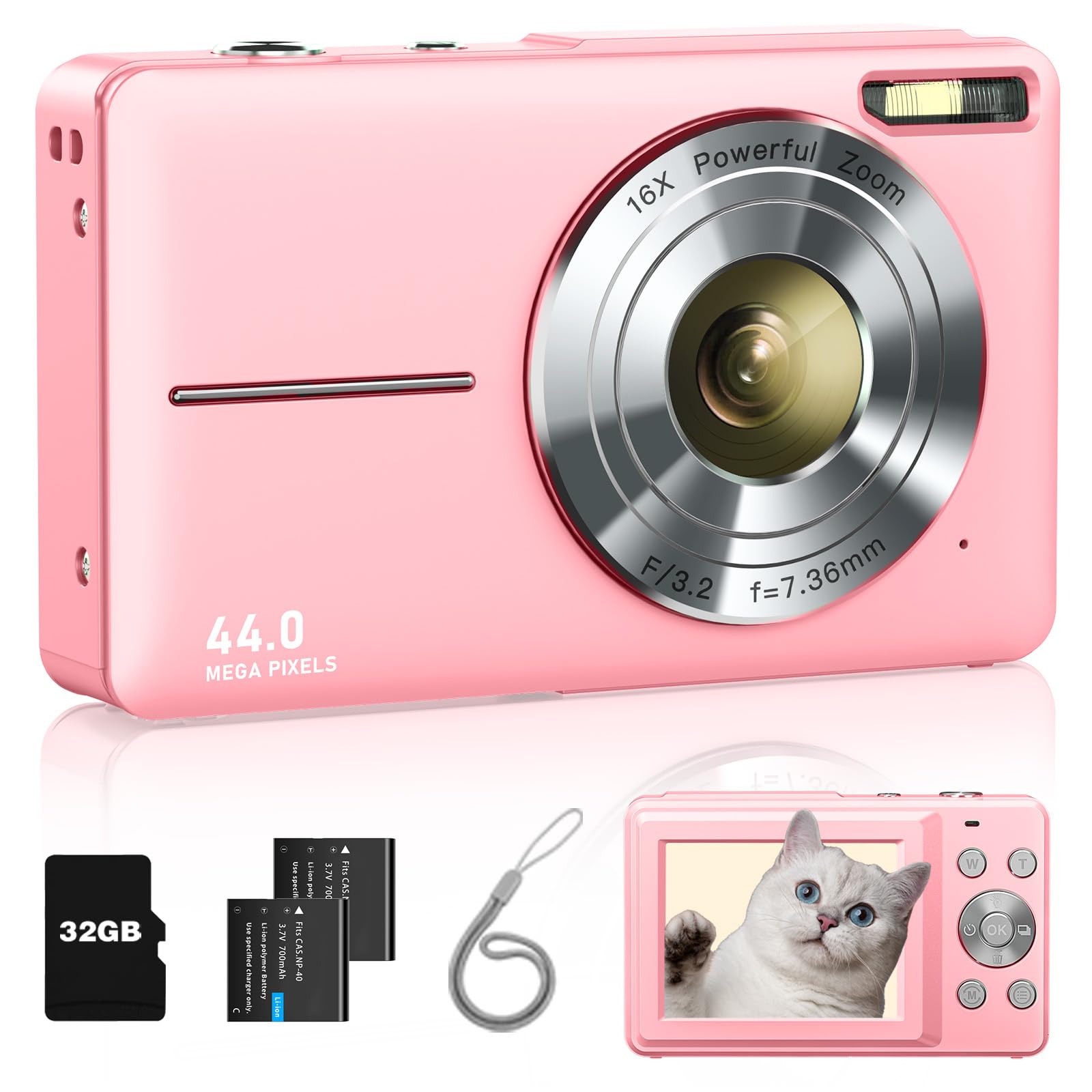 Lecran Digital Camera, Upgraded FHD 1080P Kids Camera with 32GB Card, Anti Shake 16X Zoom Time Stamp, Lanyard, Portable Compact Small Spot Shooting Camera for Kids,