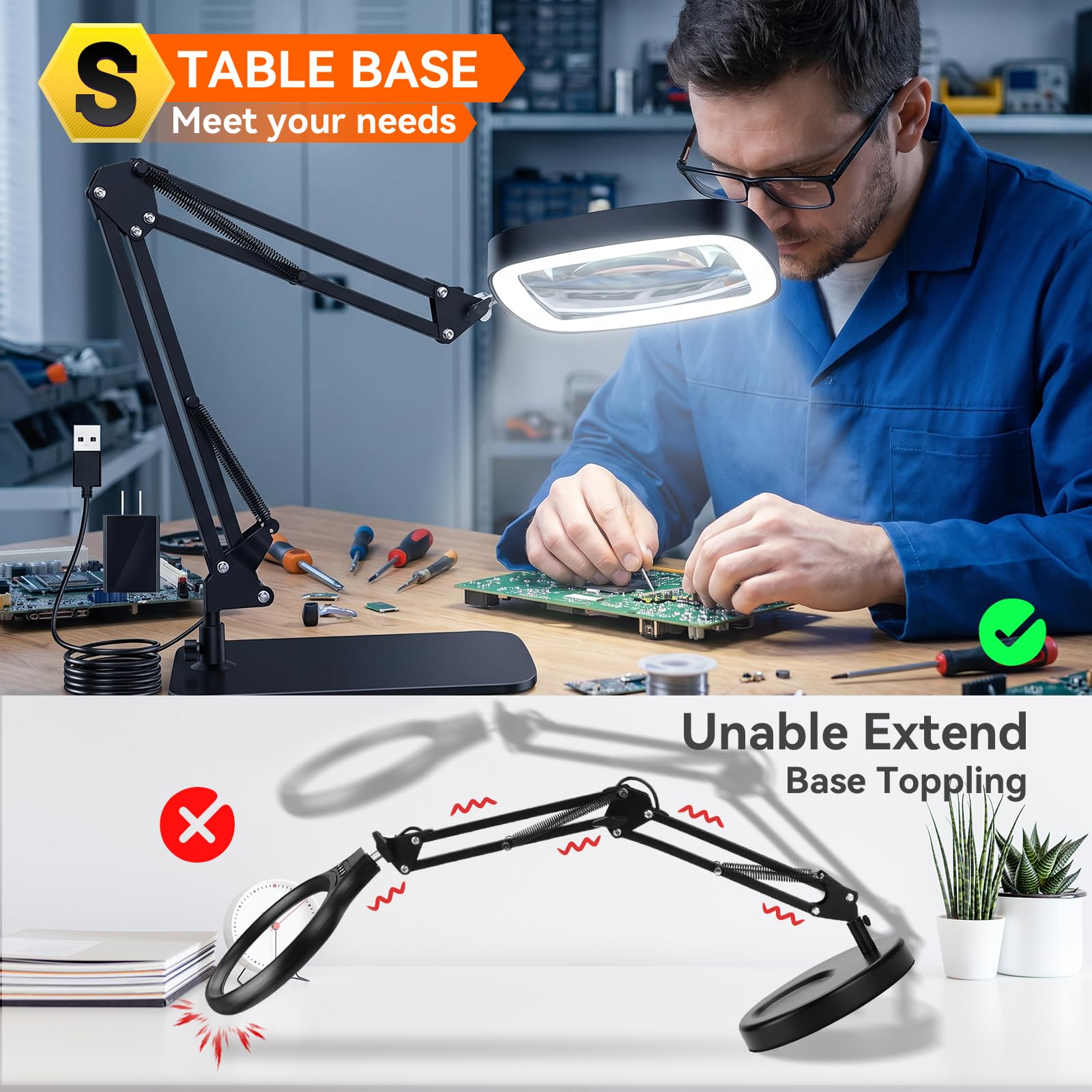 NZQXJXZ 10X 30X Lupa con Luz con Soporte, Lupa de Lectura Grande | Lente Acrímica HD de 15 cm, 3 Modos de Luz, 10 Niveles de Brillo, Brazo Flexible y Base Estable para Lectura y Manualidades