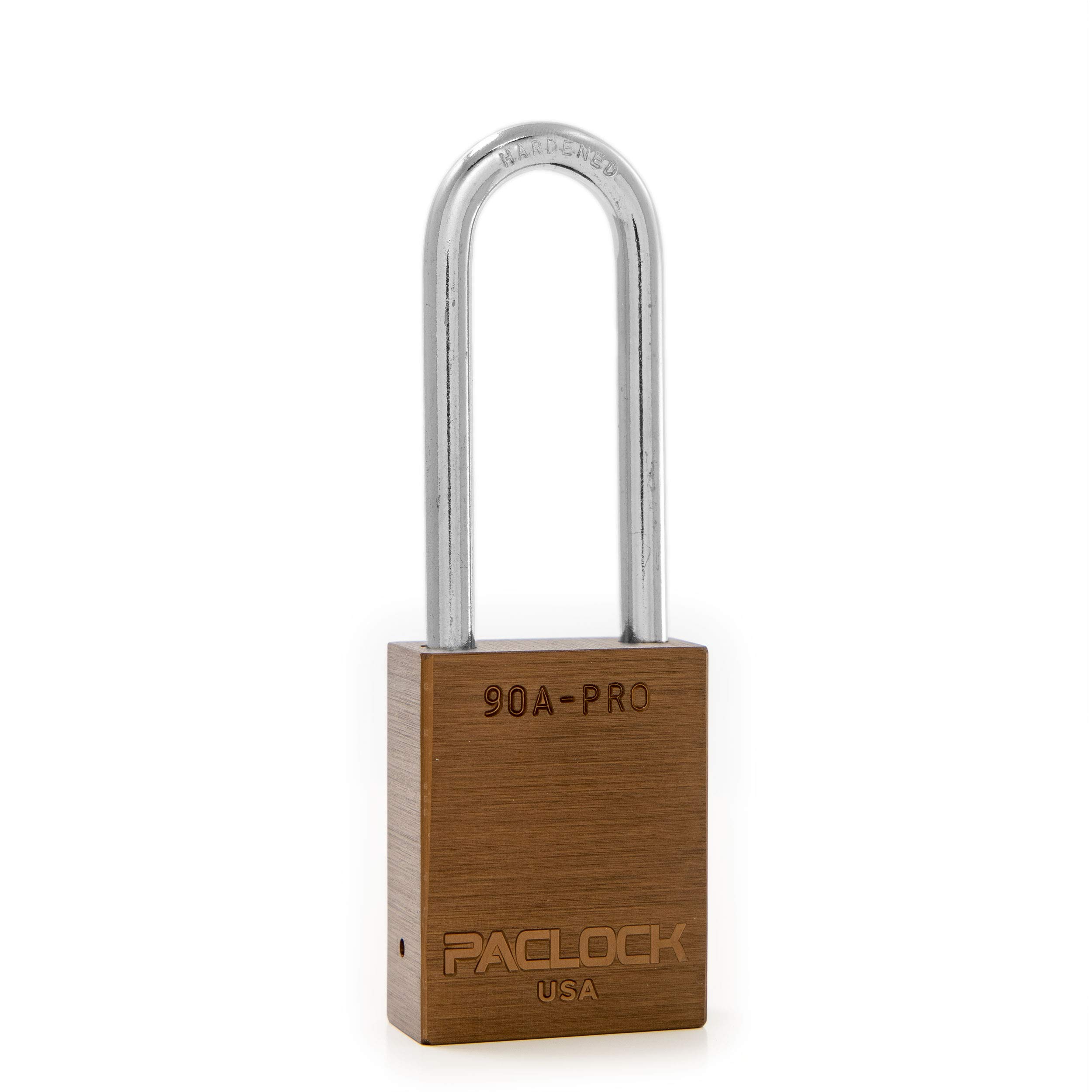PACLOCK's 90A-PRO Padlock, 1/4" Diameter Hard. Steel Shackle, 2-1/2" Tall, High Performance 7-Pin Cylinder w/ 1 Key, Keyed Alike, Brown