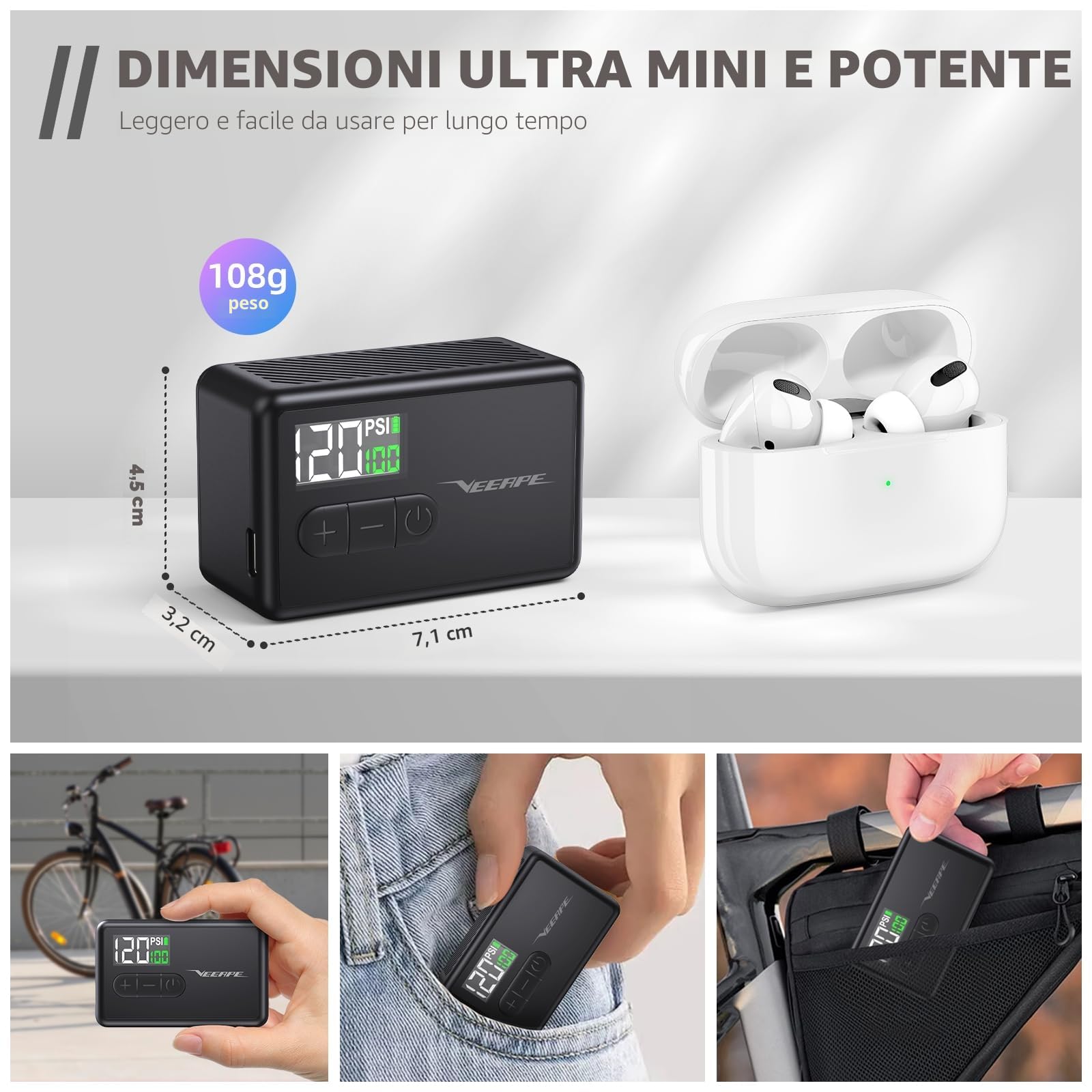 Tiny Pump Mini Pompa per Bicicletta, 120 PSI Pompa per Bicicletta Portatile con Valvola Presta e Schrader per Bici da Strada, Mountain Bike, City Bike