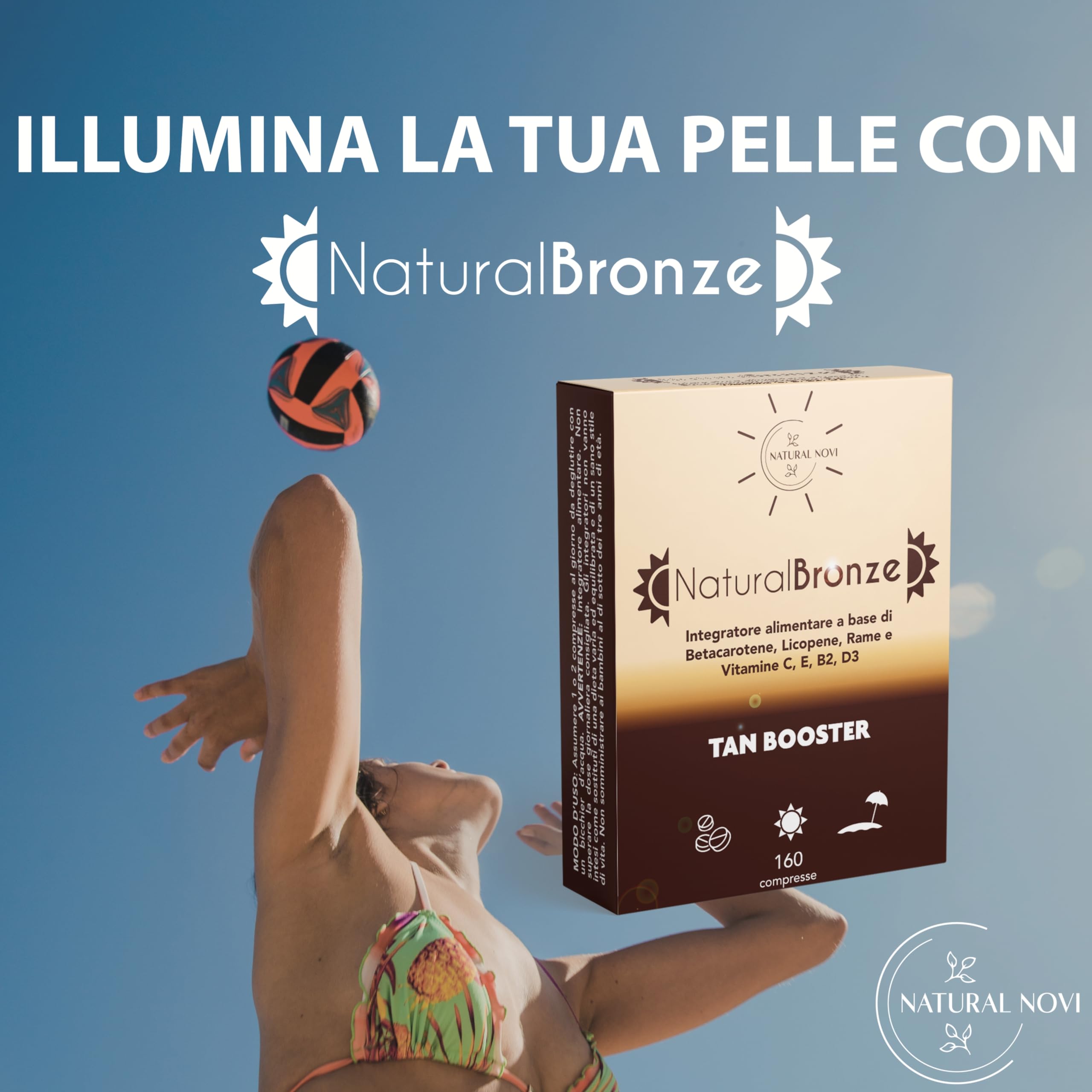 Integratore Abbronzatura NaturalBronze | 160 compresse | Betacarotene, Licopene, Rame, Selenio, Vitamine B, C, D, E | Attivatore Abbronzatura forte | Prepara accelera protegge e mantiene pelle dorata