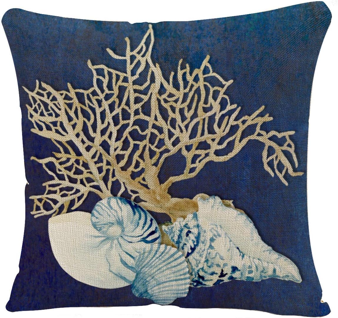 Throw Pillow Cover Seashore Indigo Ocean Coral Seashells Beach House Coastal Decorative Pillow Case Cushion Cover 18 x 18 Inch Pillowcase