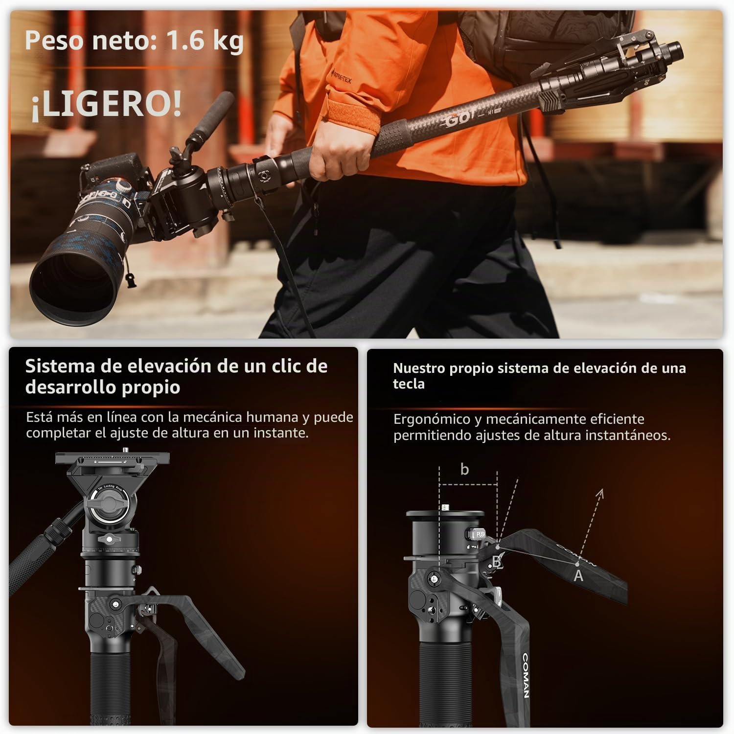 COMAN - Monopié de Fibra de Carbono con elevación en un Clic, monopié para cámara de 175 cm con Patas, trípode de Viaje Ligero con Placa de liberación rápida para cámara, DSLR,Carga máxima de 10 kg