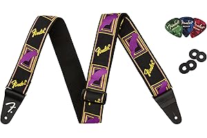 Fender Neon Monogrammed 2-Inch Guitar Strap in Purple and Yellow with Strap Blocks and Picks