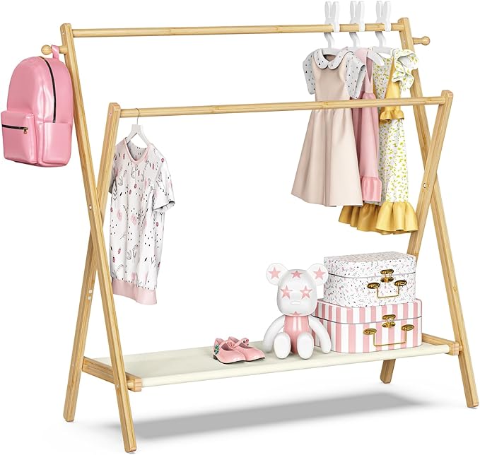 Amazon.com: BAMBOOHOMIE Kids Clothing Rack With Storage Shelf & Double ...