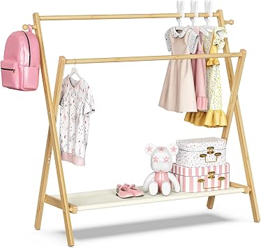 BAMBOOHOMIE Kids Clothing Rack With Storage Shelf & Double Rods, Foldable Dress Up Clothes Rack for Toddler Nursery, Childs Room, 100% Natural Bamboo Large Size