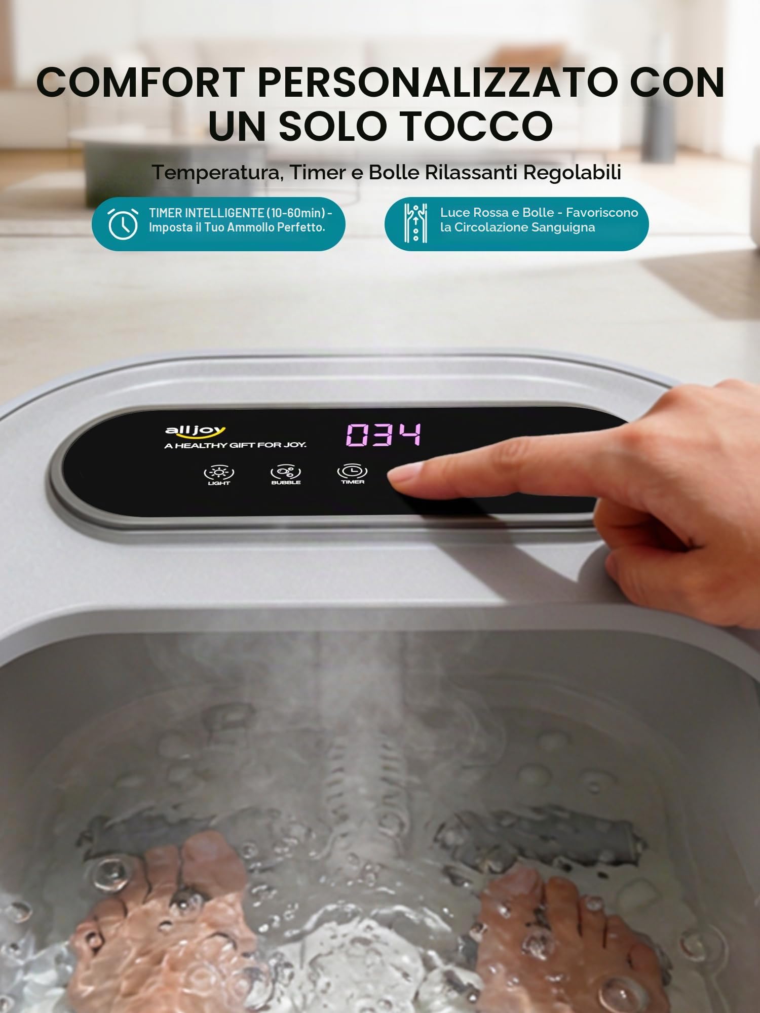 ALLJOY Pediluvio Massaggiatore Riscaldante Pieghevole, Balneoterapia Piedi | 24 livelli di temperatura (35-48°C), 6 rotoli, bolle, a infrarossi e pietra levigata, talasso piedi sollievo e relax