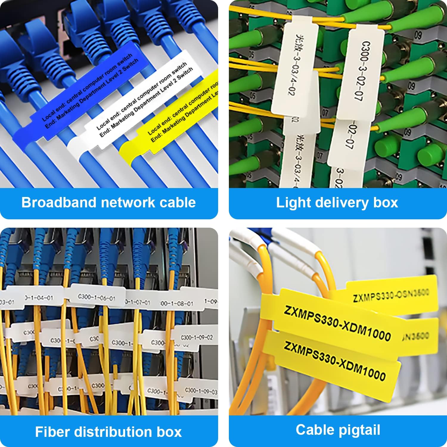 Close-up images showing labels applied to broadband network cables, light delivery boxes, fiber distribution boxes, and cable pigtails.