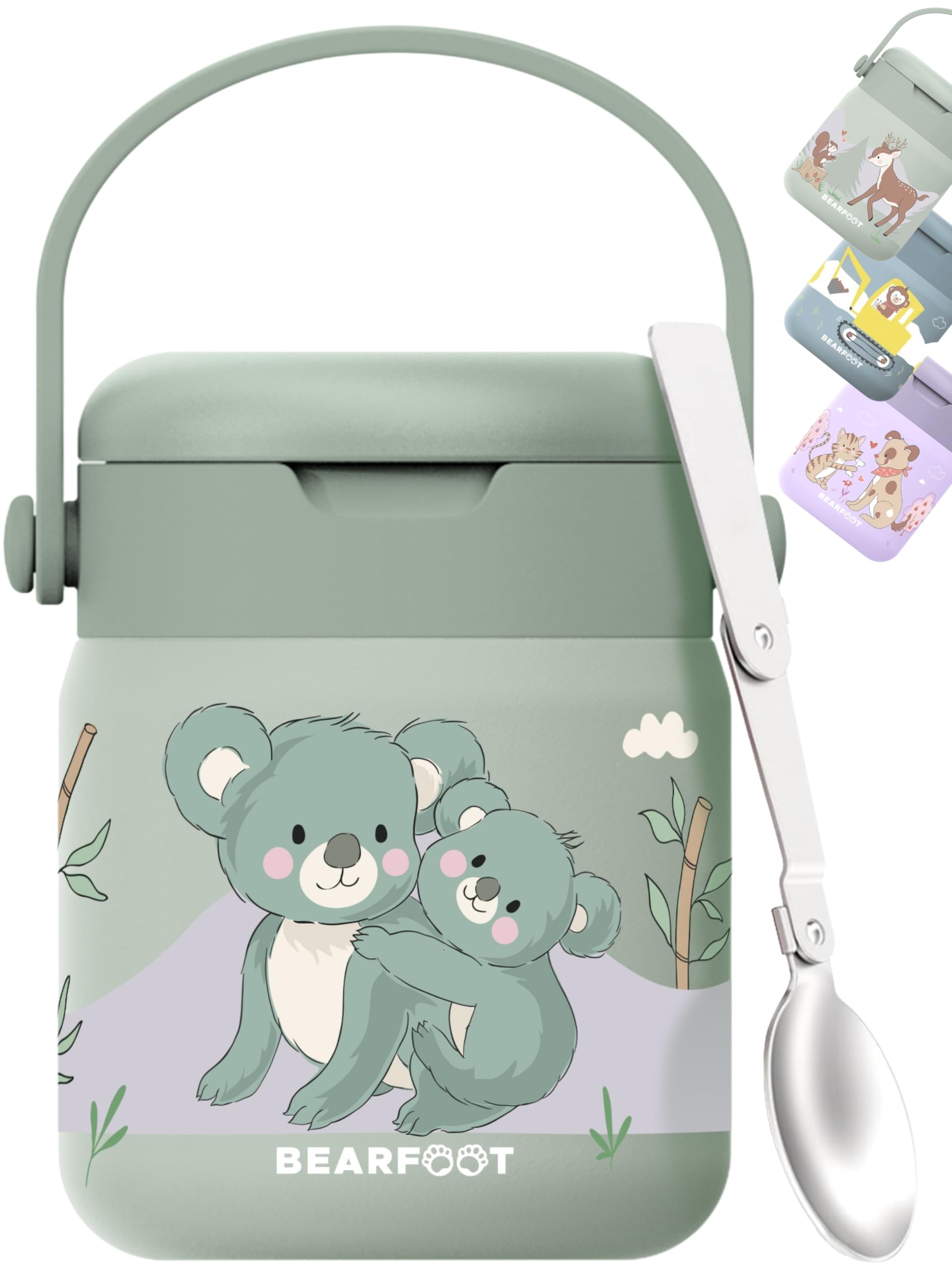 Termo de comida infantil inox 500 ml (Koala - Verde) | Hermético, doble pared aislante, cuchara plegable en la tapa y asa de transporte – para el cole, la guardería y excursiones