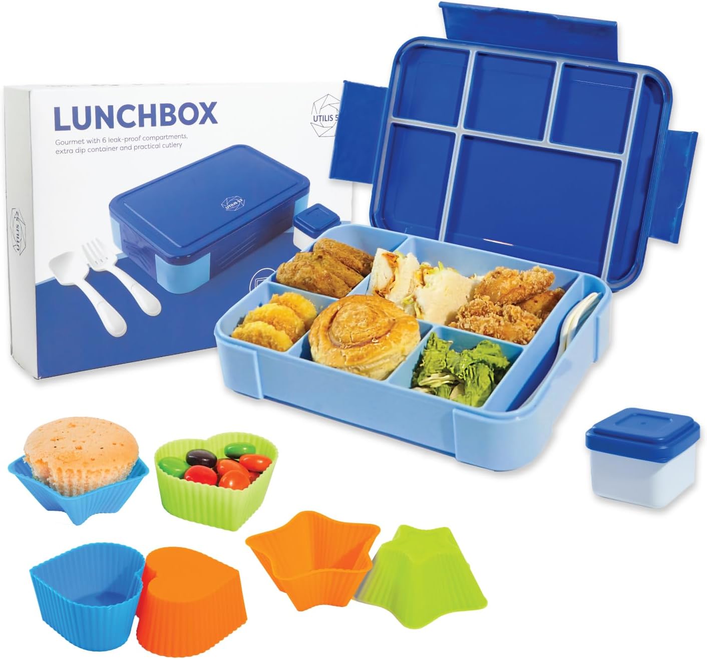 Lunch Box for Kid School - Children's Lunch Box with 6 Compartments - 1330ml Leak-proof Lunchbox for Girls and Boys - Including Spoon, Fork, Sauce Box & 6 Extra Cupcake Molds for Party Baking