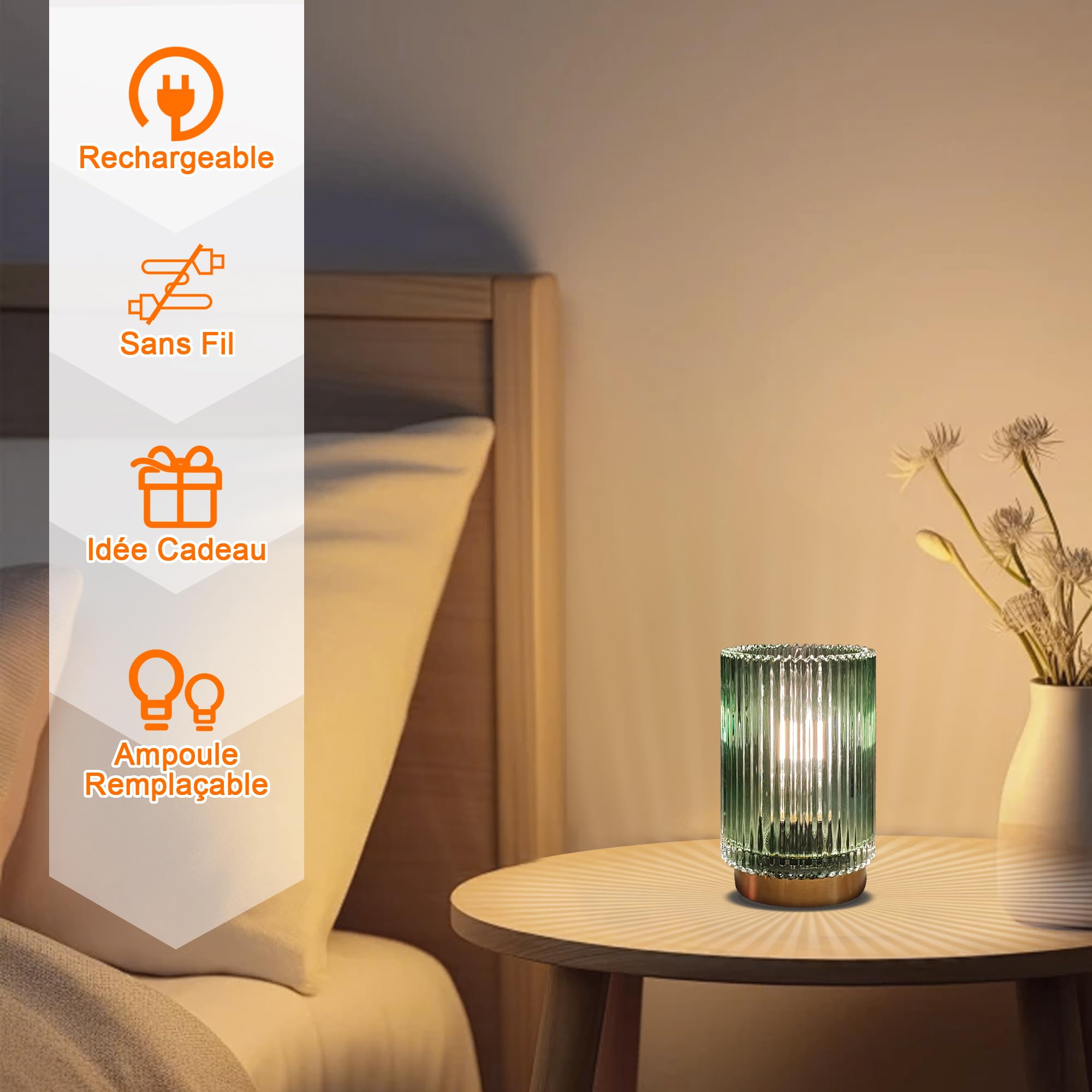 Lampe de Table sans Fil Rechargeable - Lampe de Chevet Lampe Nuit en Verre Romantique pour Chambre Salon Café Bistro Restaurant(Vert)