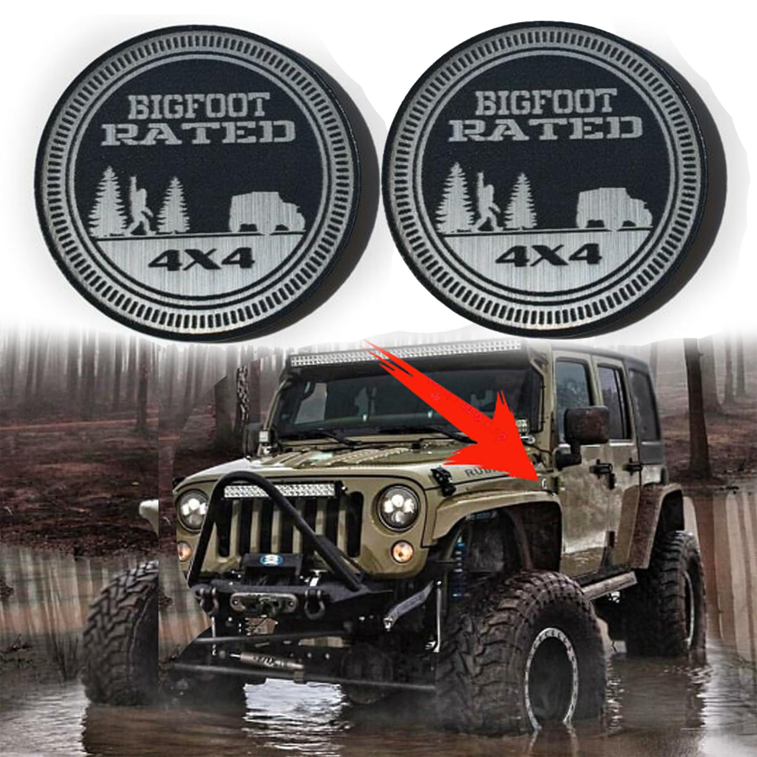 Factotum MotorSports Custom Emblem for Bigfoot Rated Jeep Style Fender Badge, Matte Black