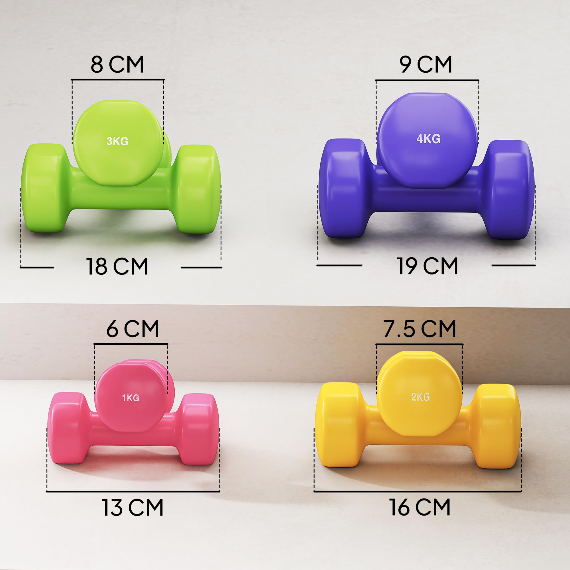 HOMCOM Set 8 Manubri da 20 kg con Design Esagonale, Pesi da Palestra in Acciaio e PU da 2x1kg, 2x2kg, 2x3kg, 2x4kg, Multicolore