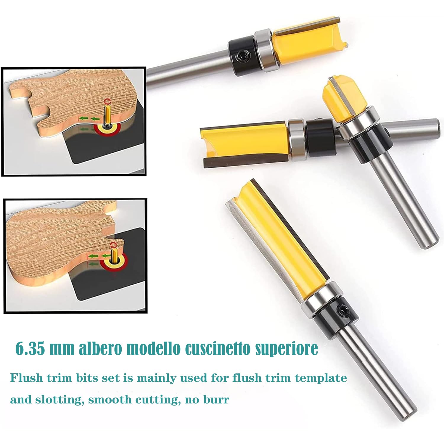 4 Pz Fresa a Taglienti Diritti 1/4" Shank con Cuscinetto Set per Rifilare e Lavorazione del Legno 6.35mm, Fresa per Scanalature e Frese Dritte