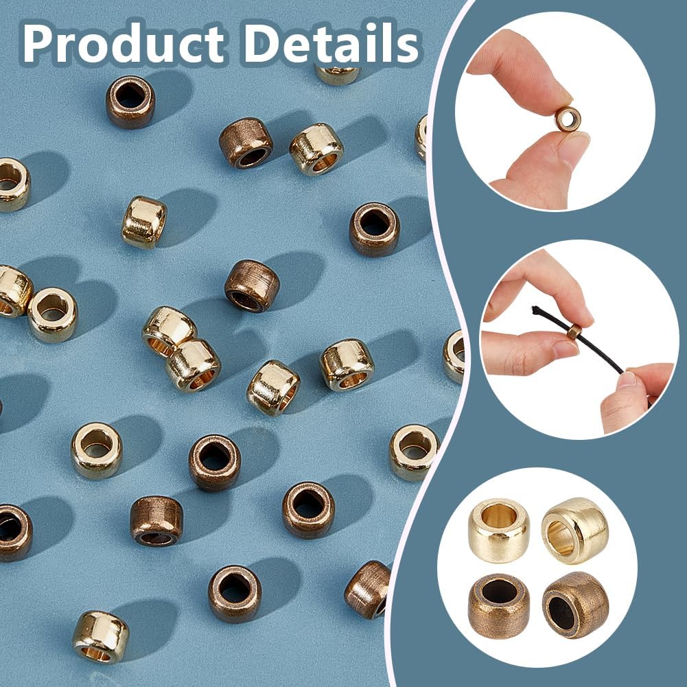 OLYCRAFT 100Pcs 2 Colors Brass Lanyard Beads 3.8mm Hole Brass Paracord Beads Column Spacer Beads Large Hole Beads Brass European Beads Gold Brass Barrel Paracord Beads for Bracelet Jewelry Charms - Image 4