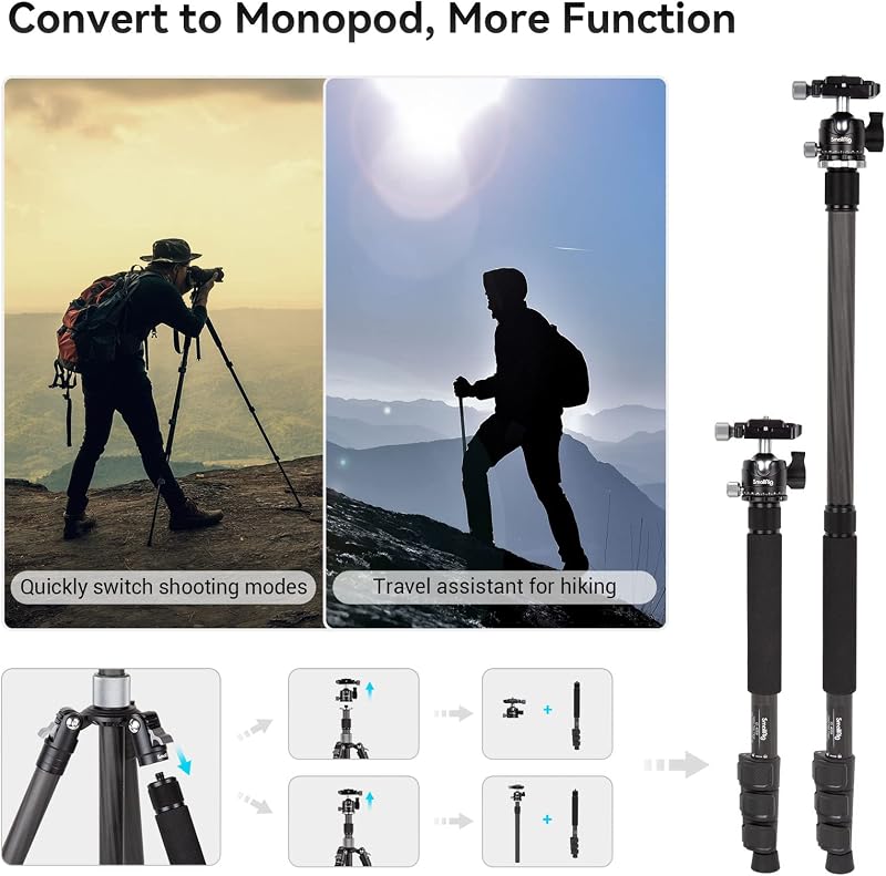 SMALLRIG Karbon Állvány Központi Oszloppal - Levehető Monopod, 360° Gömbfej, Gyorskioldó Lap, 12 kg Teherbírás, Fotós Háromlábú Állvány 4059